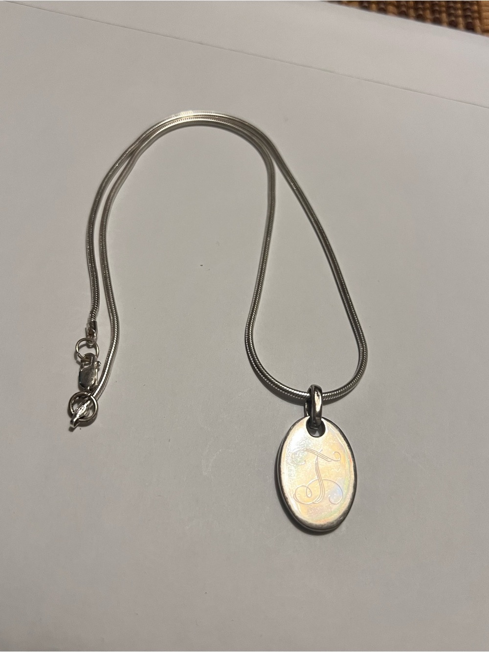 Sterling Silver Oval Initial Pendant Necklace - Script T initial